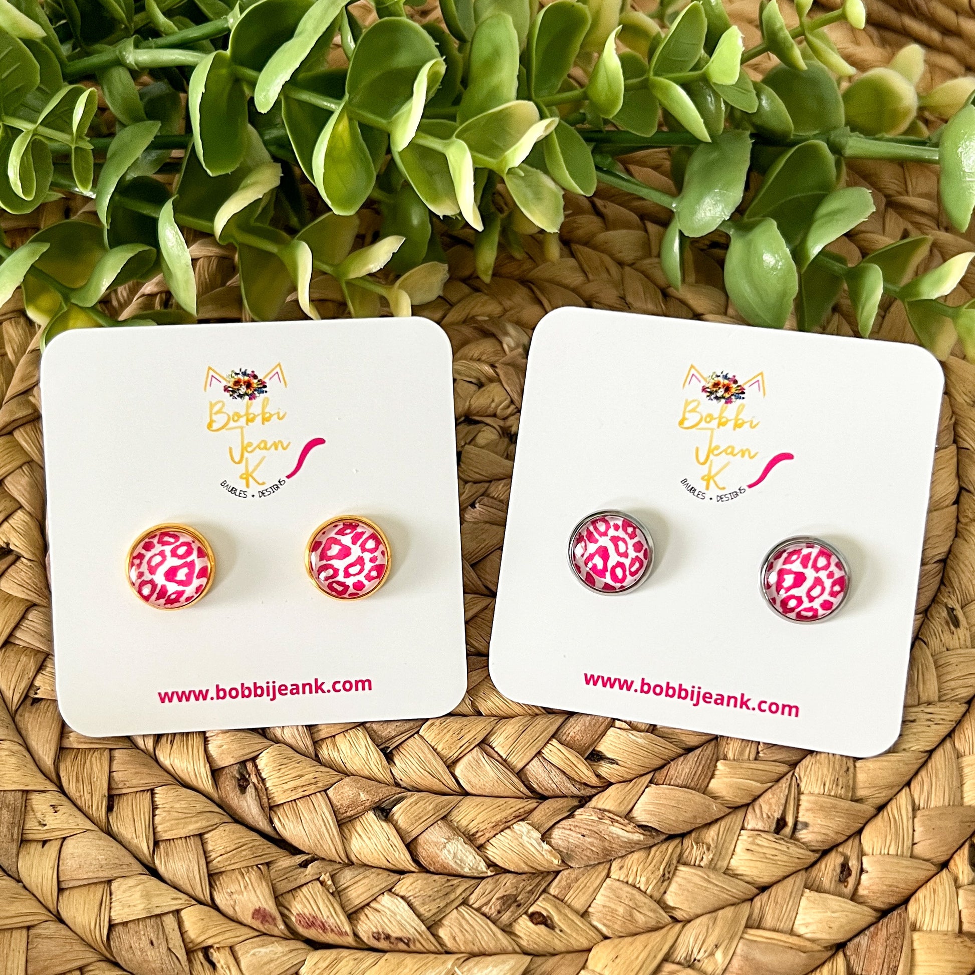 Pink Leopard Animal Print Glass Studs 12mm: Choose Silver or Gold Settings