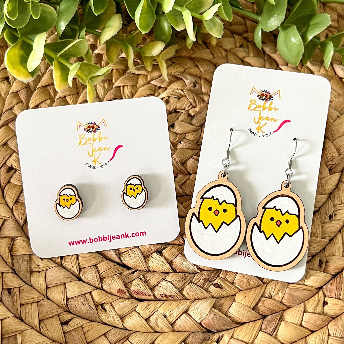 Chick in Egg Hand Painted Wood Earrings: Choose From Dangles or Studs