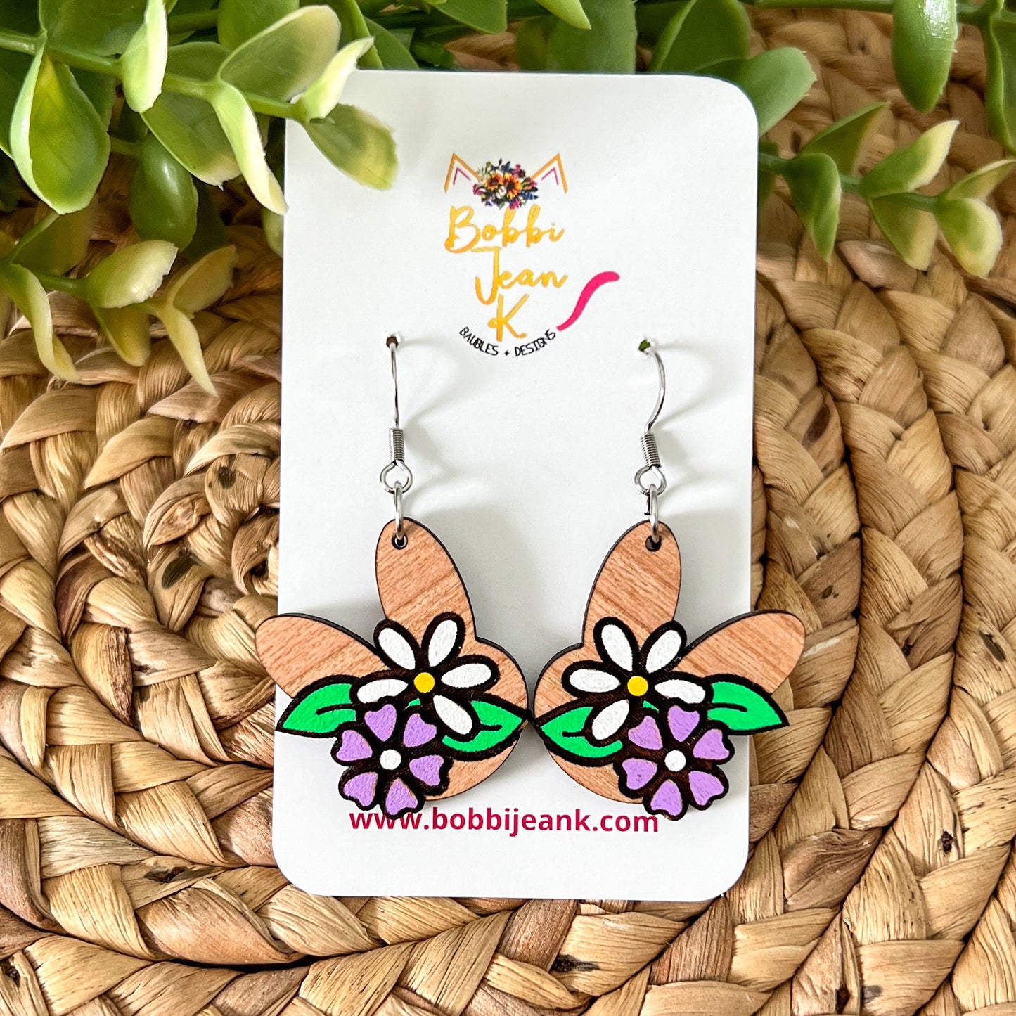 Hand Painted Floral Bunny Wood Earrings: Choose From 2 Color Options