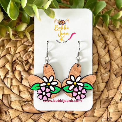 Hand Painted Floral Bunny Wood Earrings: Choose From 2 Color Options