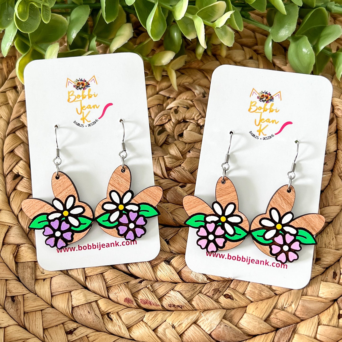 Hand Painted Floral Bunny Wood Earrings: Choose From 2 Color Options