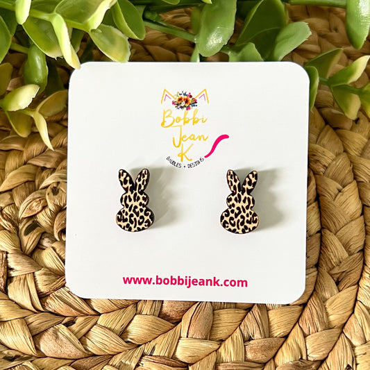 Leopard Engraved Wood Bunny Studs