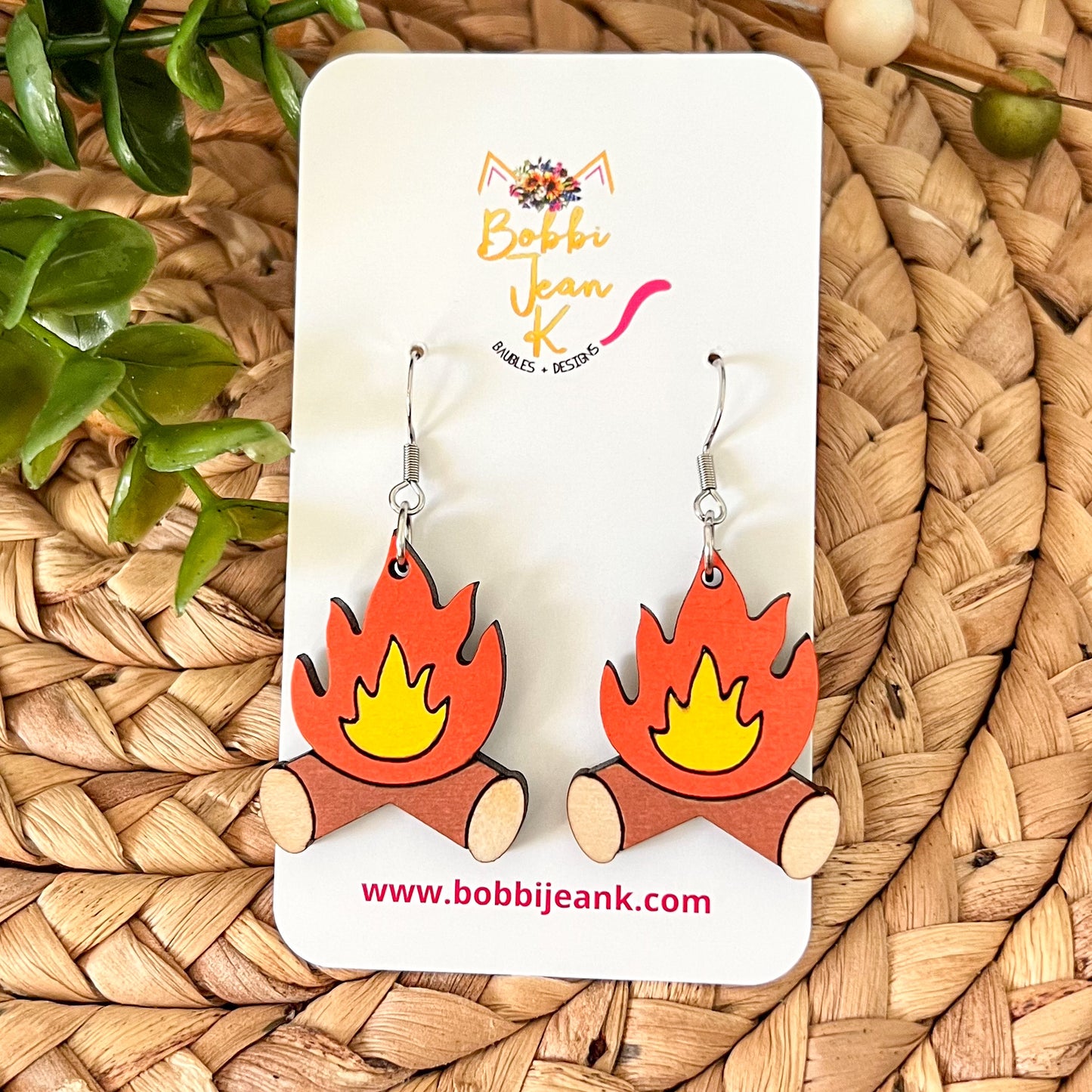 Bonfire/Campfire Hand Painted Wood Earrings: Choose From Dangle or Stud Style