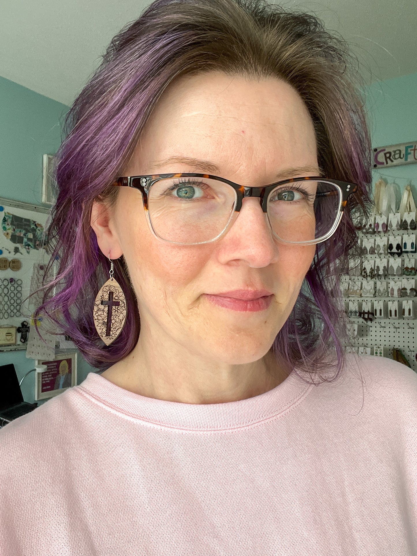 Walnut Wood Floral Cross Earrings: Choose From 3 Designs