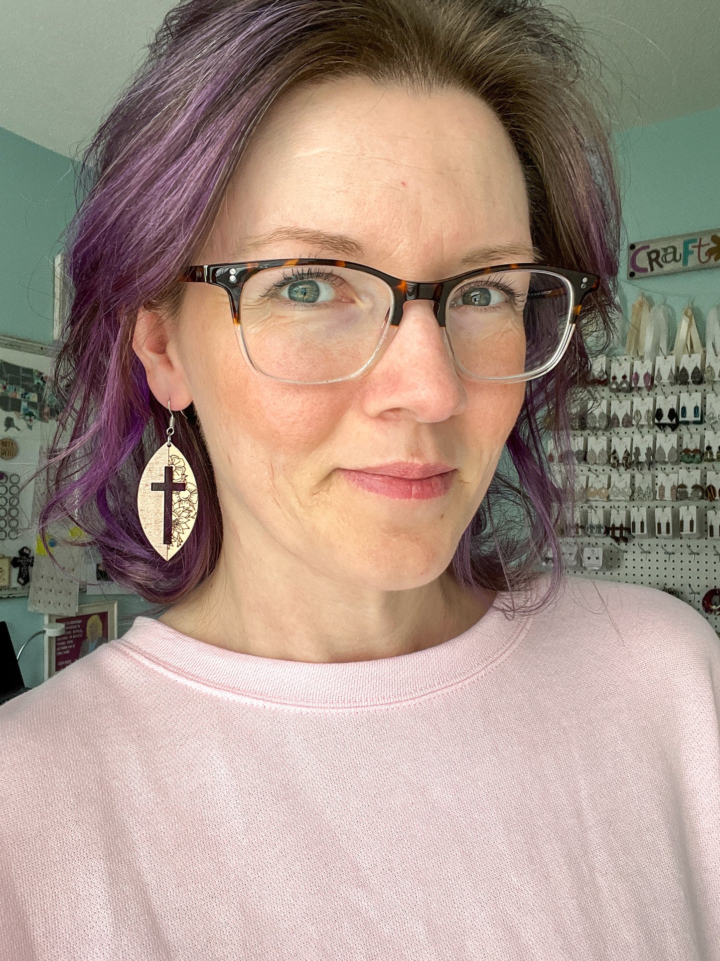 Rose Gold & Birch Wood Floral Cross Earrings: Choose From 3 Designs