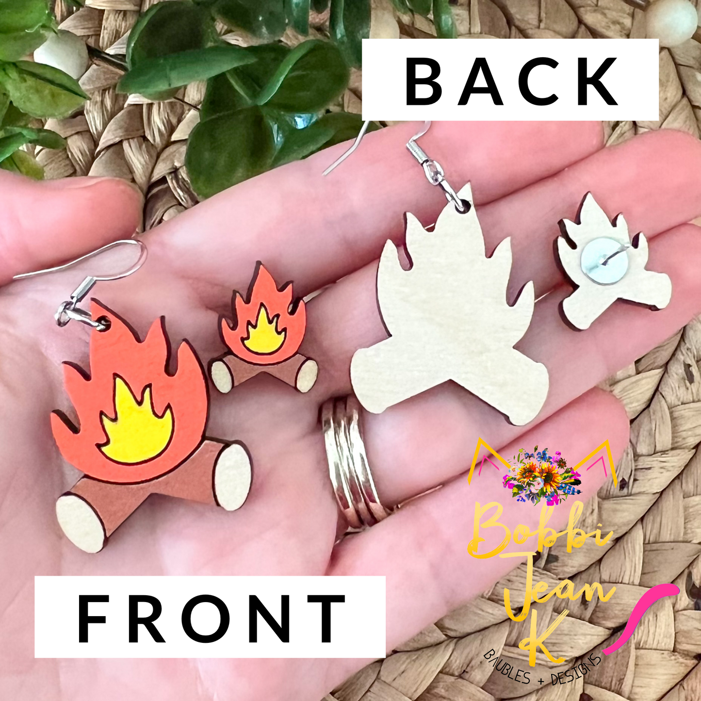 Bonfire/Campfire Hand Painted Wood Earrings: Choose From Dangle or Stud Style