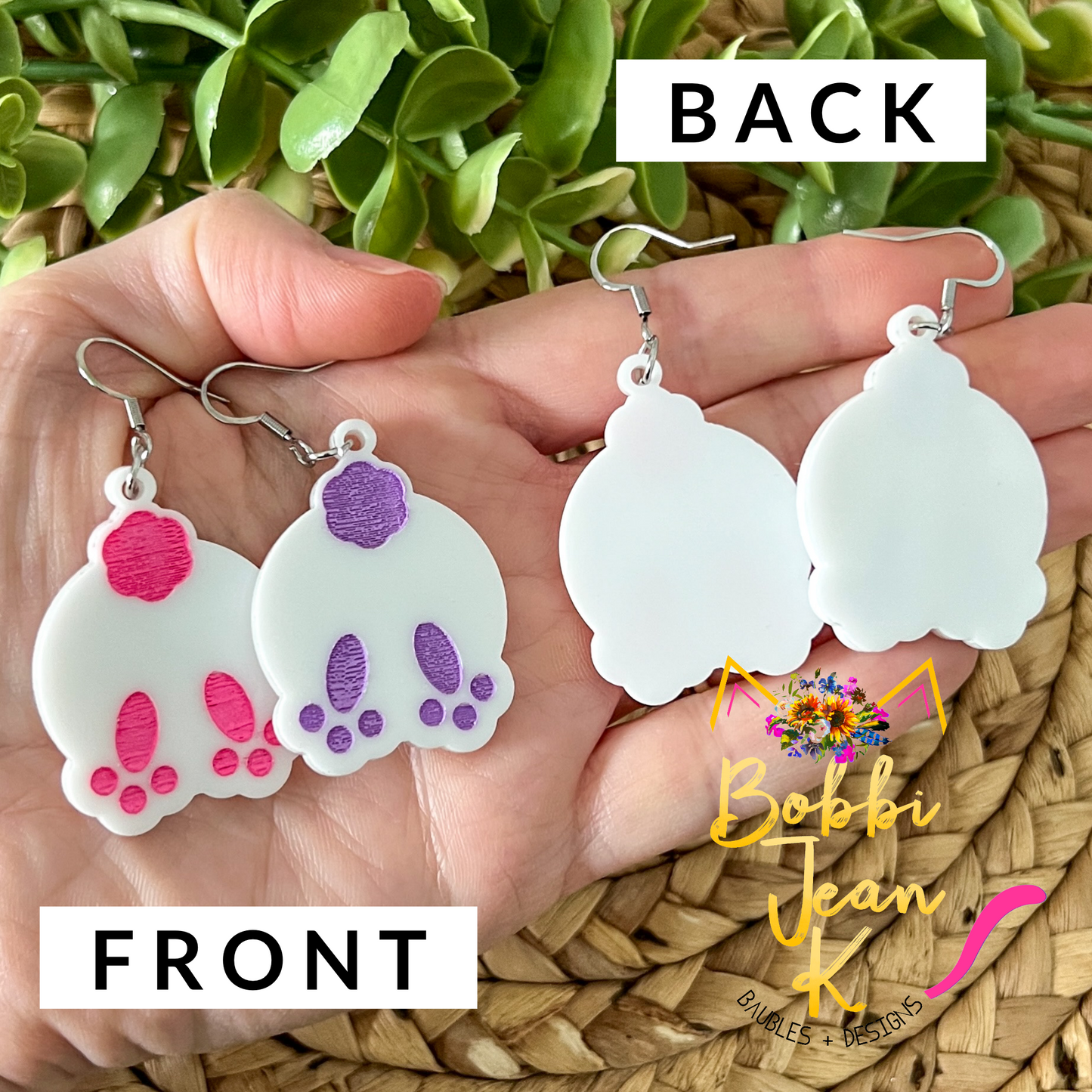 Bunny Butt Hand Painted White Acrylic Earrings: Choose From 2 Colors