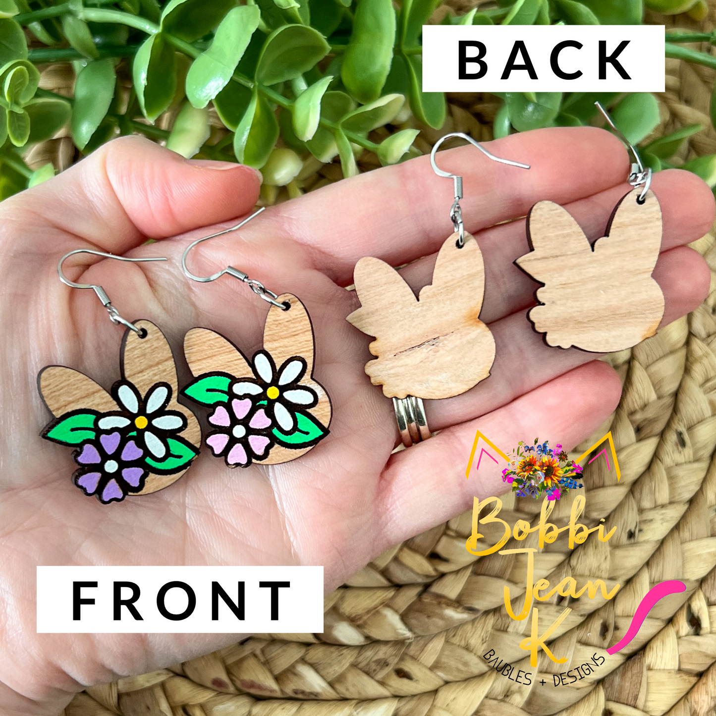 Hand Painted Floral Bunny Wood Earrings: Choose From 2 Color Options