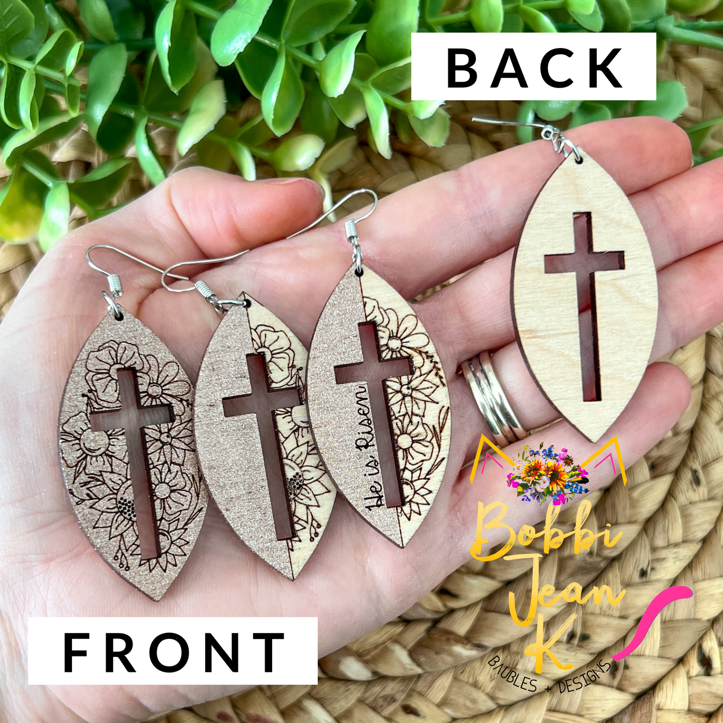 Rose Gold & Birch Wood Floral Cross Earrings: Choose From 3 Designs