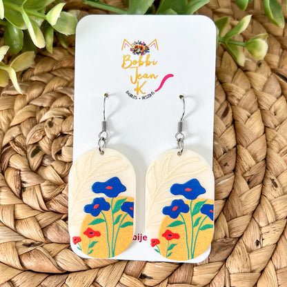 Blue & Red Poppy Floral Rectangular Acetate Earrings - Choose From 2 Styles