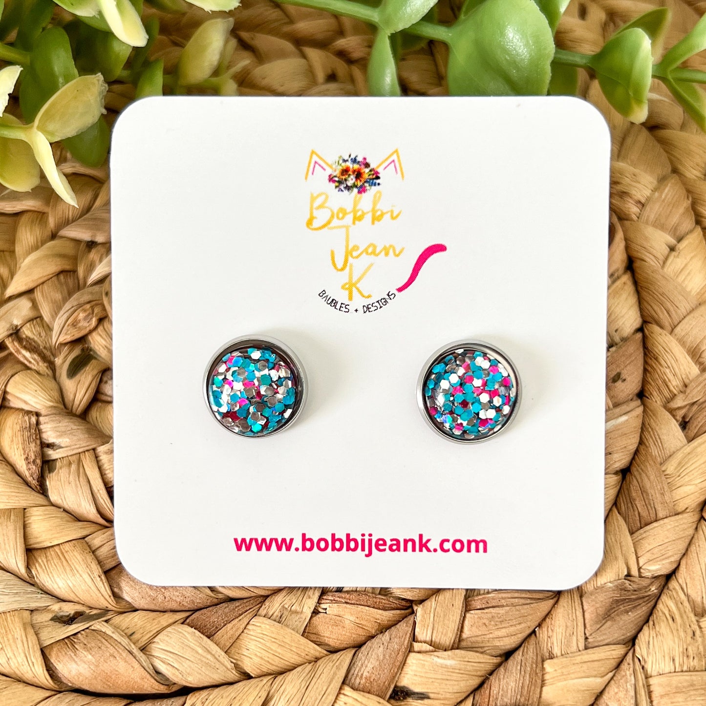 Pink/Blue/Silver Glitter Studs 12mm: Choose Silver or Gold Settings