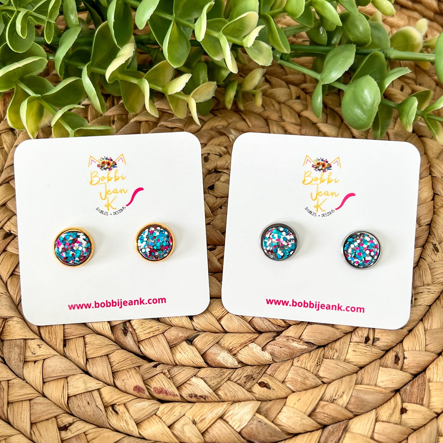 Pink/Blue/Silver Glitter Studs 12mm: Choose Silver or Gold Settings