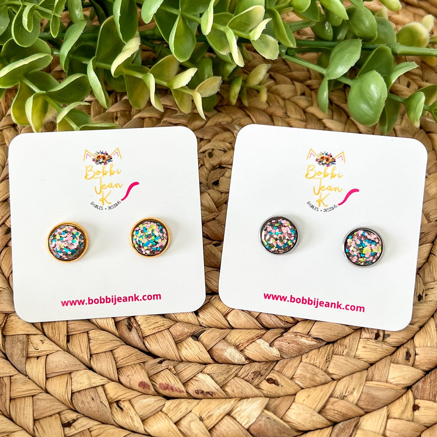 Pink/Blue/Yellow Gold Glitter Studs 12mm: Choose Silver or Gold Settings