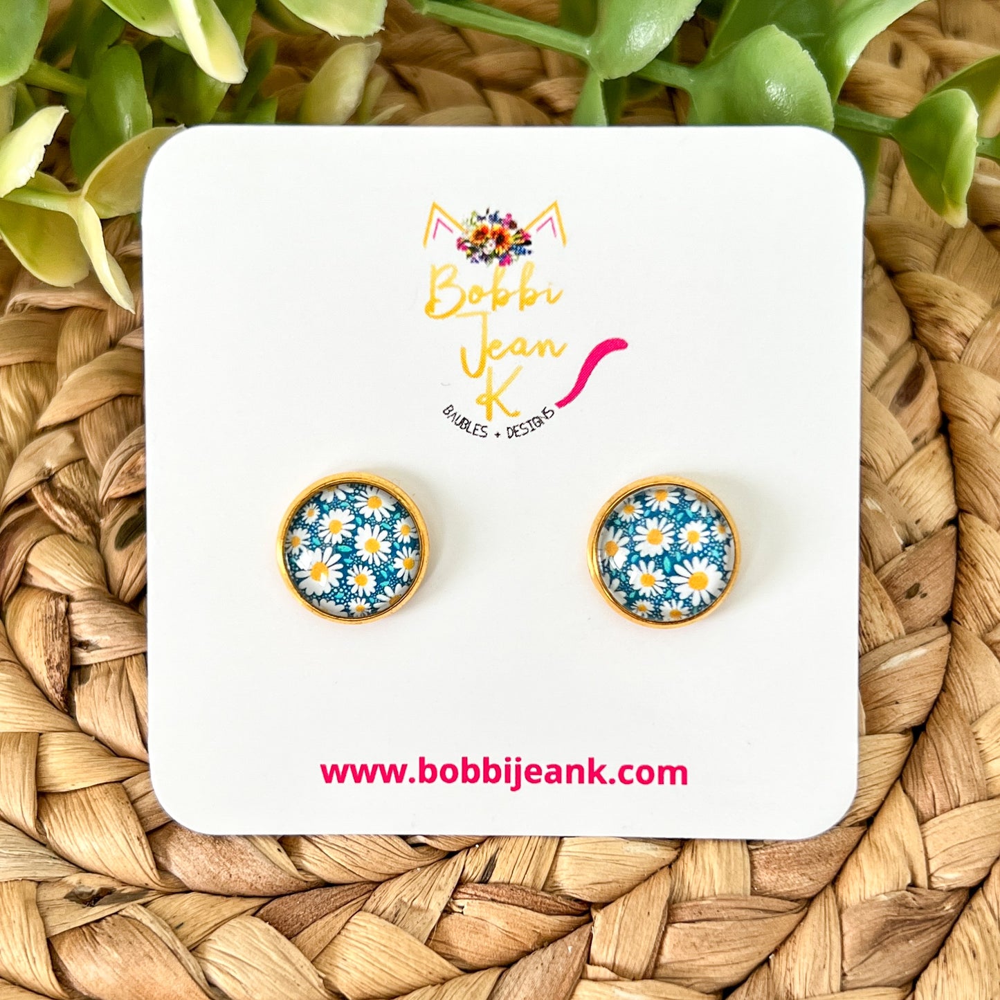 Blue Daisies Glass Studs 12mm: Choose Silver or Gold Settings