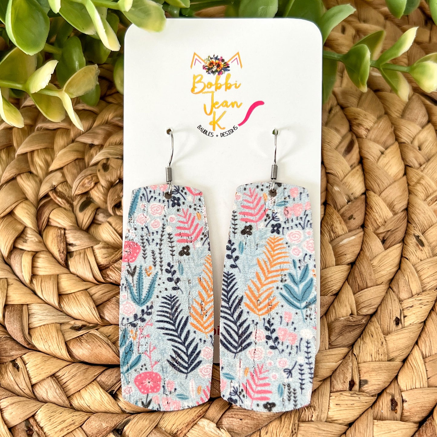 Floral Blues Cork on Leather Earrings: Choose From 3 Styles - LAST CHANCE