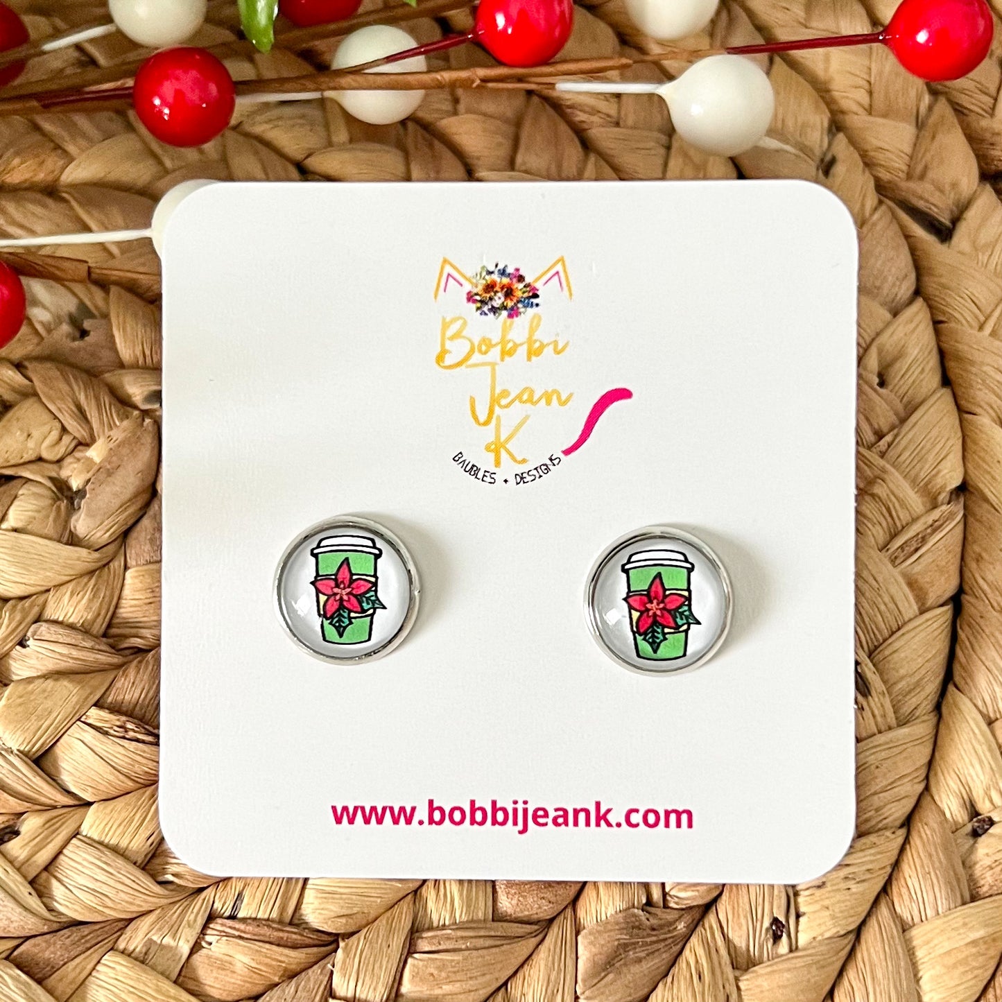 Poinsettia Coffee Cup Glass Studs 12mm: OPEN ITEM TO CHOOSE SILVER OR GOLD SETTINGS - LAST CHANCE