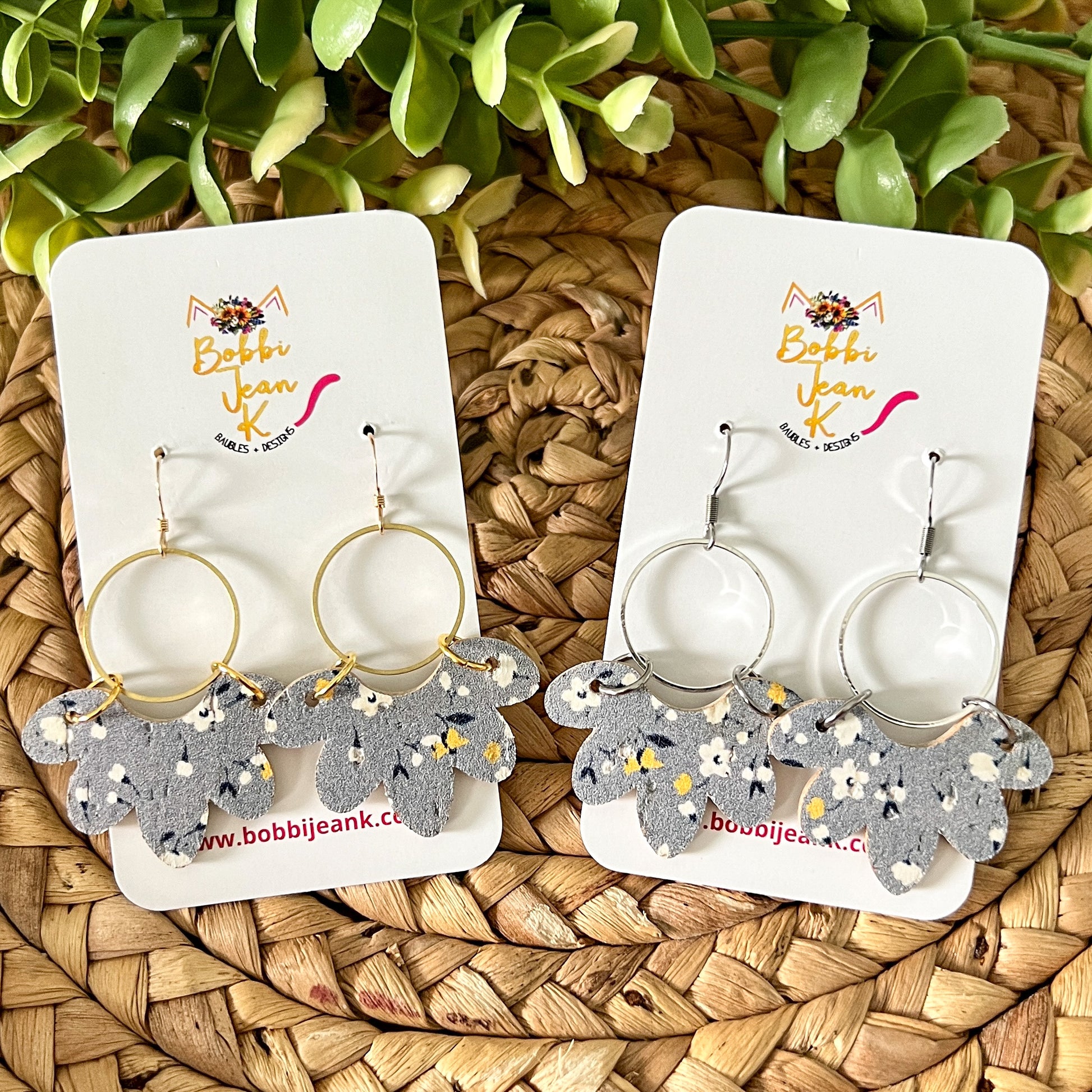 Scattered White Flowers on Gray Cork on Leather Petal Earrings: Choose from Silver or Gold Accent Circle - Last Chance Gold