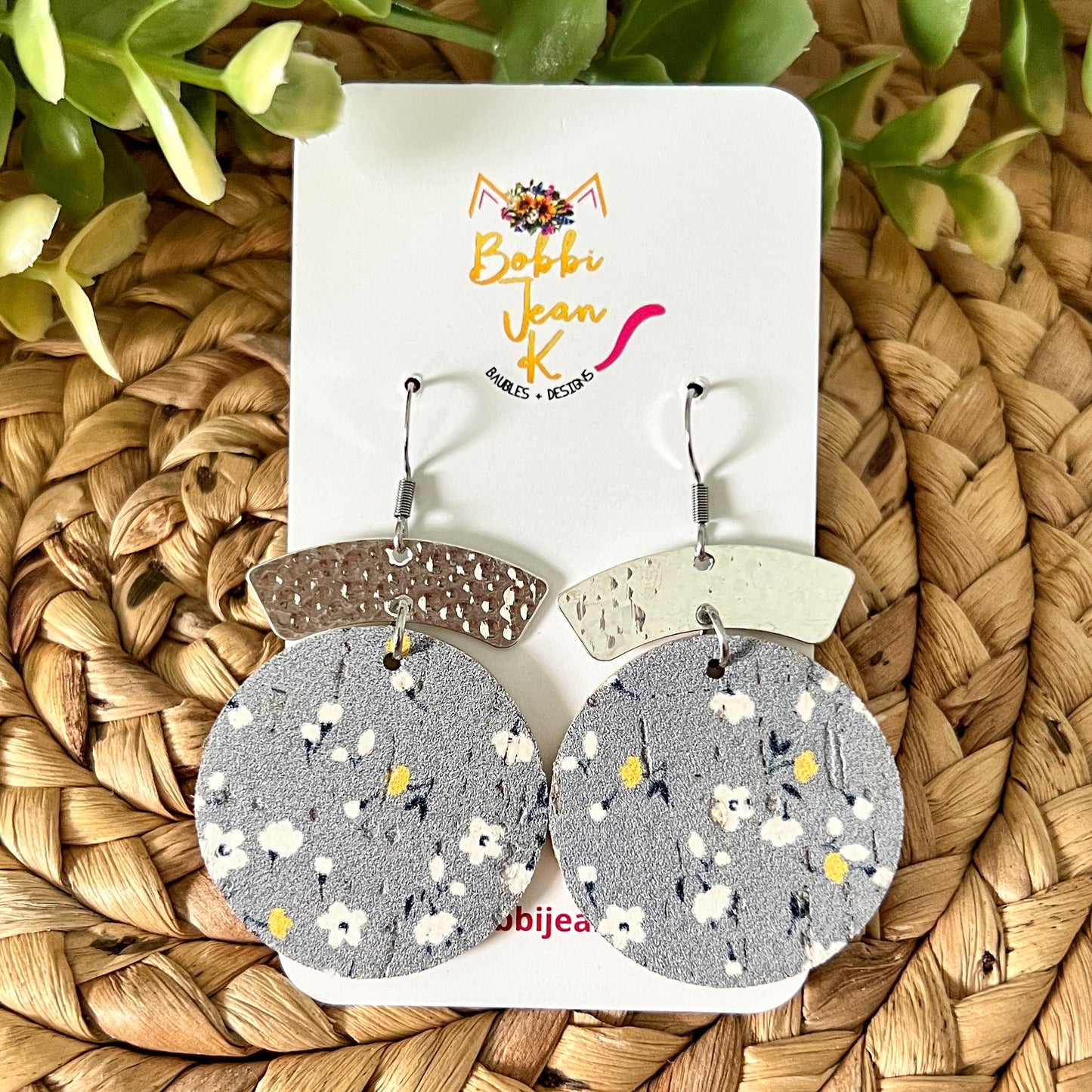 Scattered White Flowers on Gray Cork on Leather Circle Drop Earrings: Choose From Silver or Gold Accent Arc - LAST CHANCE