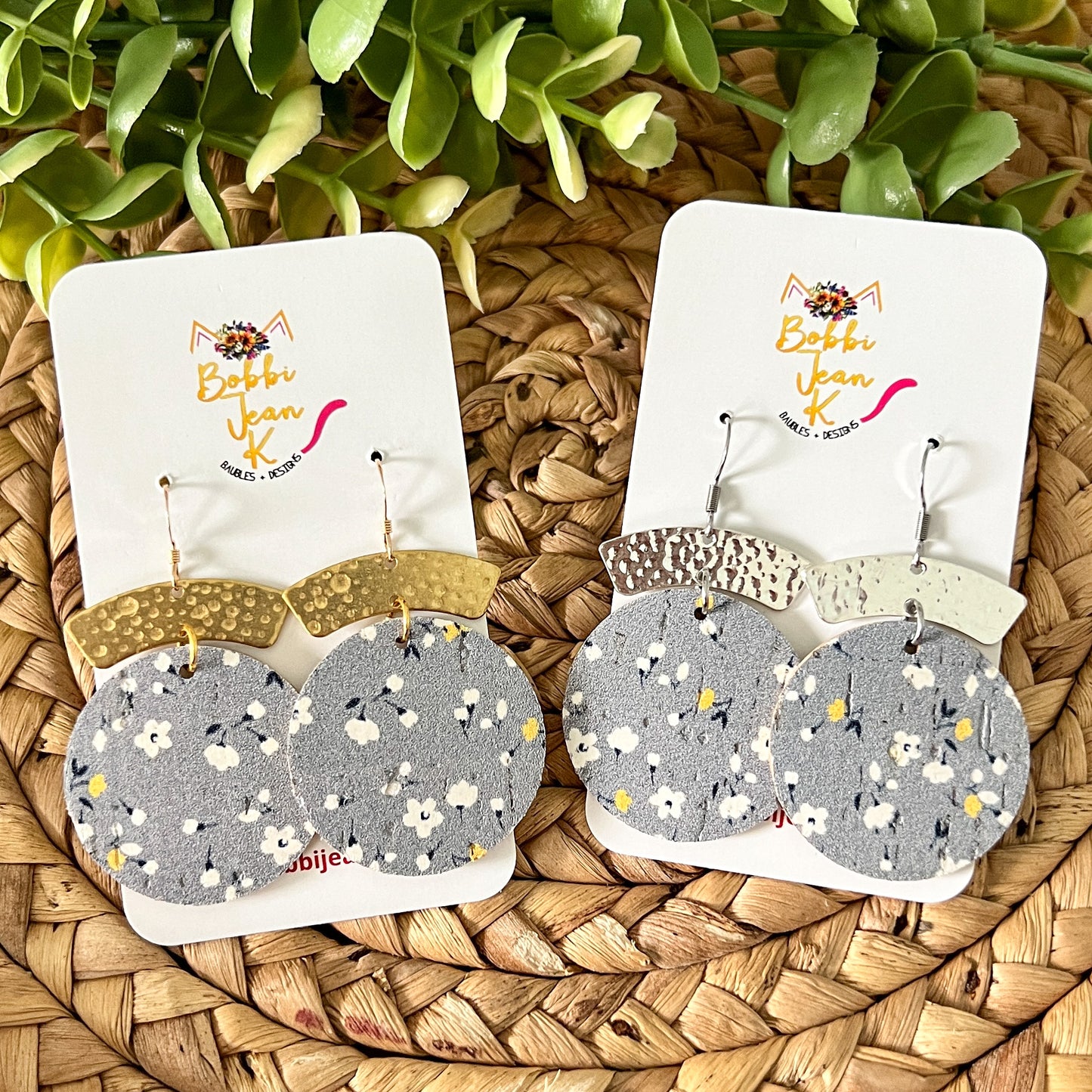 Scattered White Flowers on Gray Cork on Leather Circle Drop Earrings: Choose From Silver or Gold Accent Arc - LAST CHANCE