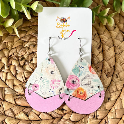 Peony Floral Cork on Leather Earrings: Choose From 3 Styles - ONLY ONE SPLIT TEARDROP LEFT