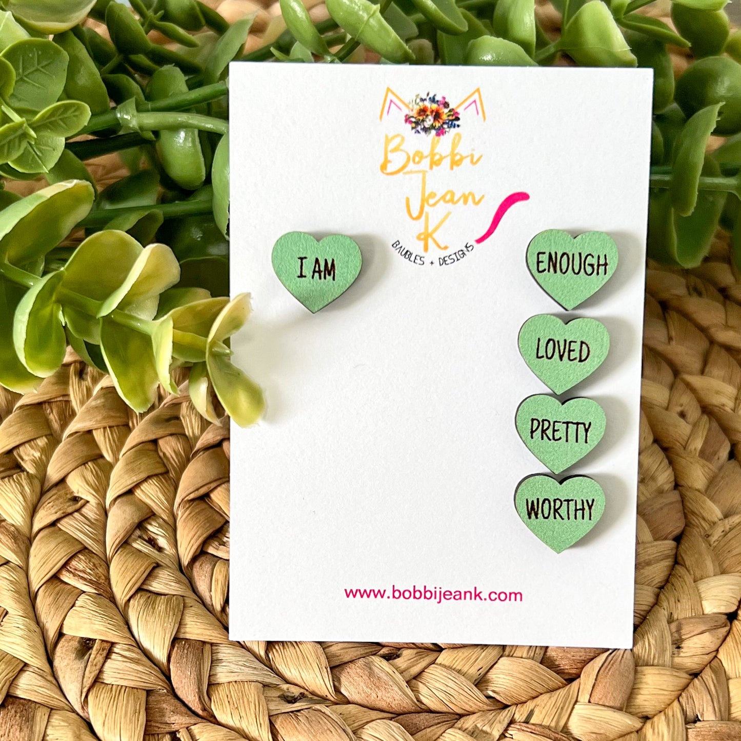 Light Green Wood Affirmation Heart Studs: 4 Pairs in One Set