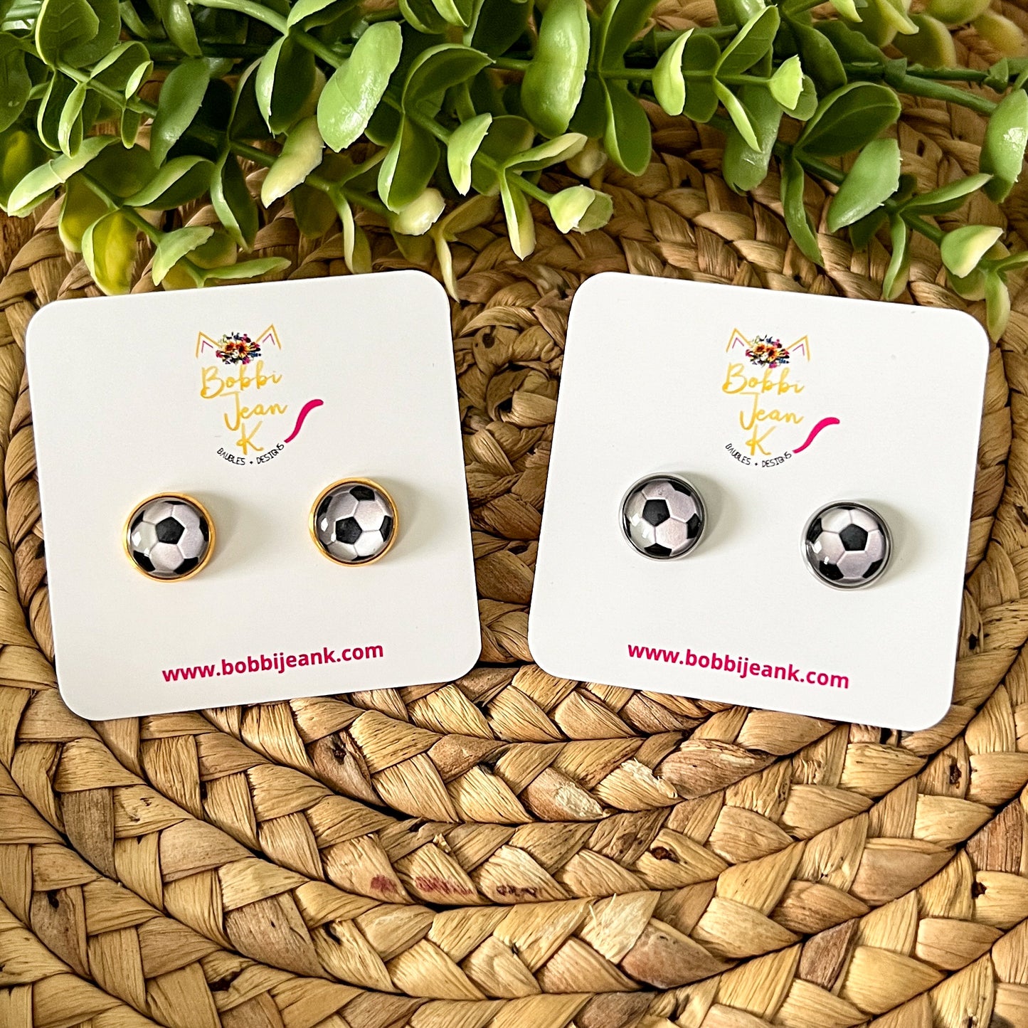 Soccer Ball (Style 2) Glass Studs 12mm: Choose Silver or Gold Settings