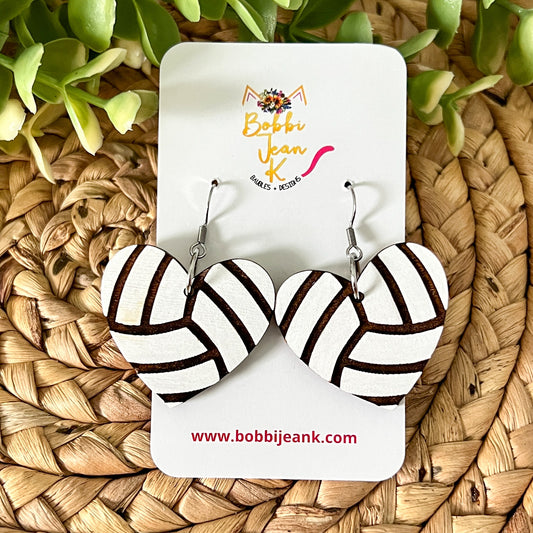 Volleyball Wood Heart Earrings - Hand Painted
