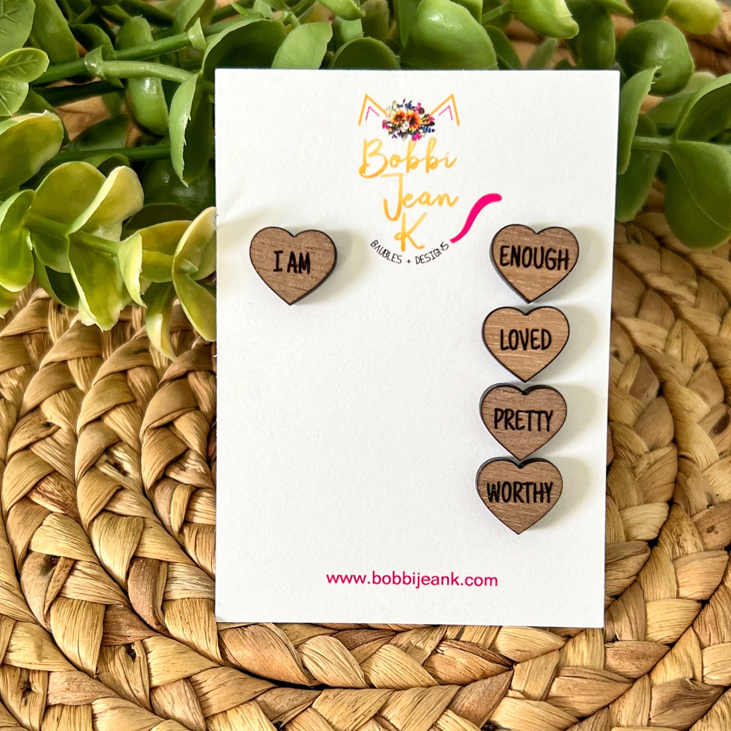 Natural Walnut Wood Affirmation Heart Studs: 4 Pairs in One Set