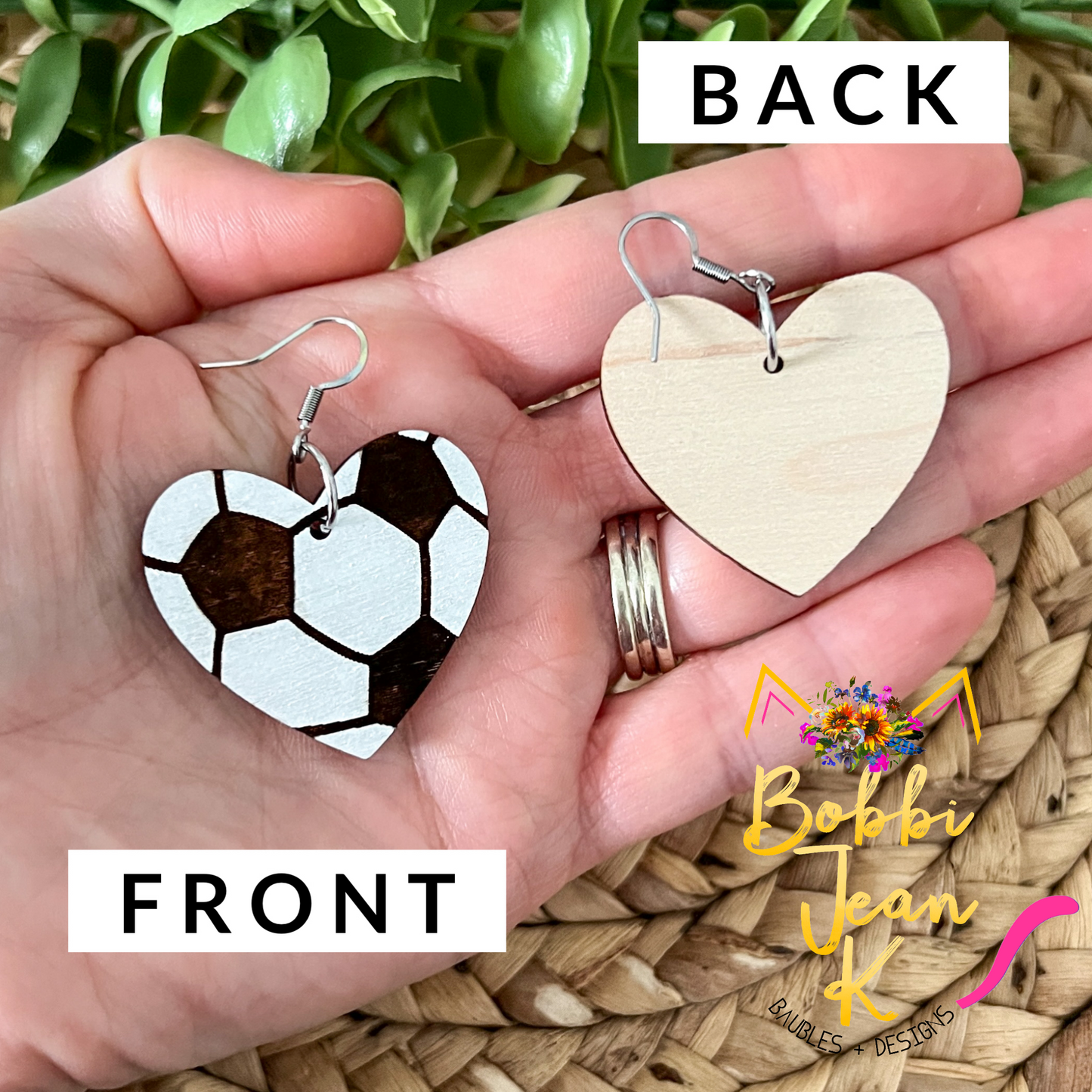 Soccer Ball Wood Heart Earrings - Hand Painted
