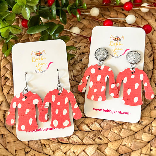 Red Spotted "Ugly" Sweater Cork on Leather Earrings - LAST CHANCE