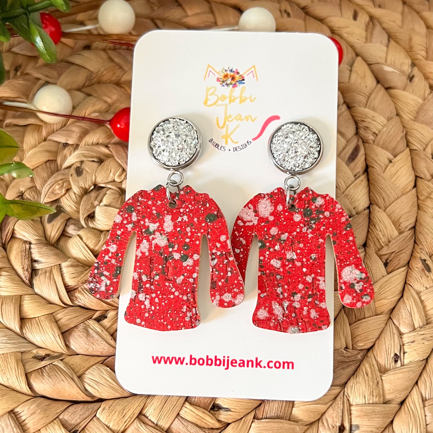 Red Paint Splatter "Ugly" Sweater Cork on Leather Earrings - LAST CHANCE