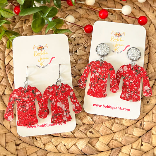 Red Paint Splatter "Ugly" Sweater Cork on Leather Earrings - LAST CHANCE