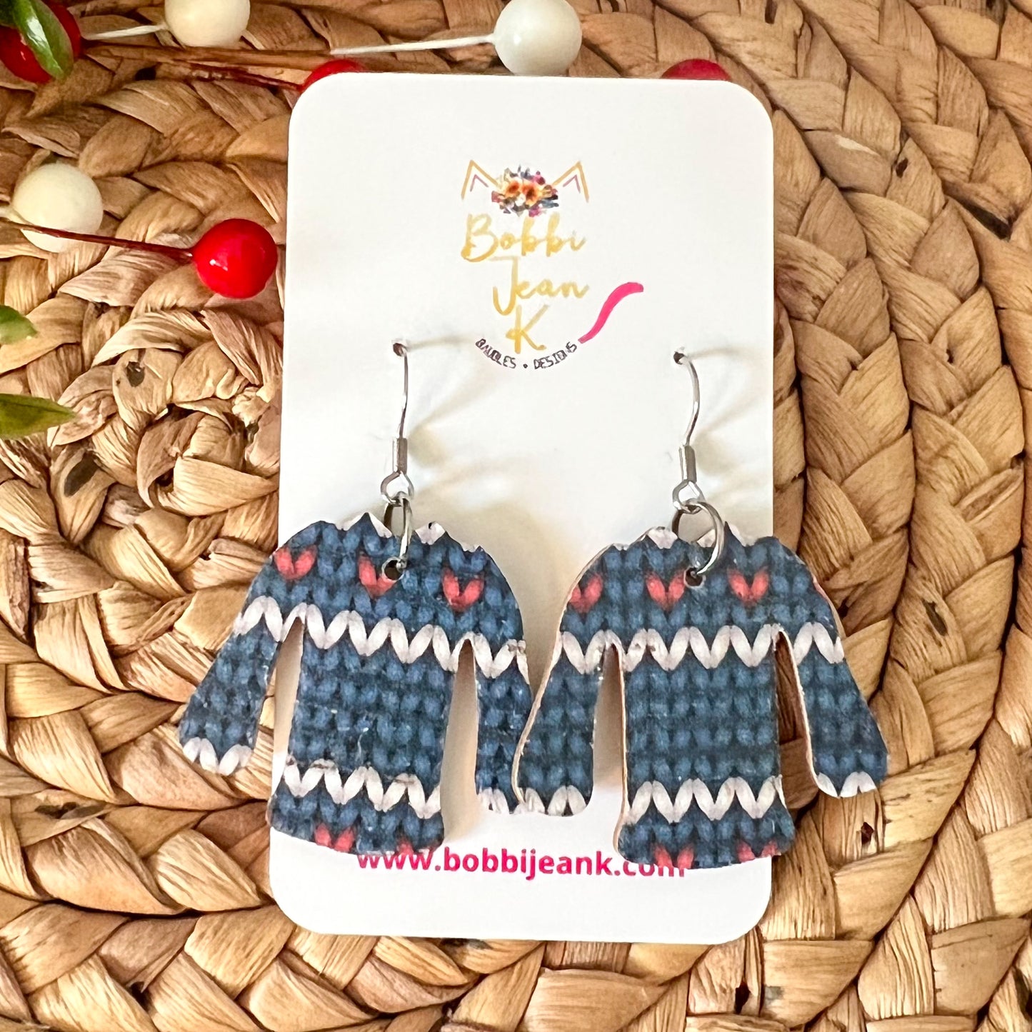 Sweater Print "Ugly" Sweater Cork on Leather Earrings - LAST CHANCE