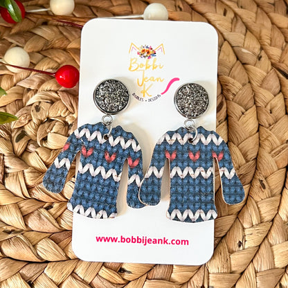 Sweater Print "Ugly" Sweater Cork on Leather Earrings - ONLY ONE LEFT