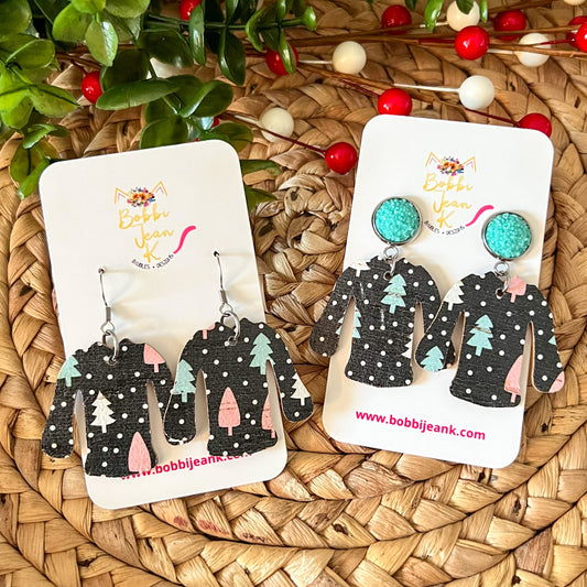 Colorful Trees "Ugly" Sweater Cork on Leather Earrings - LAST CHANCE