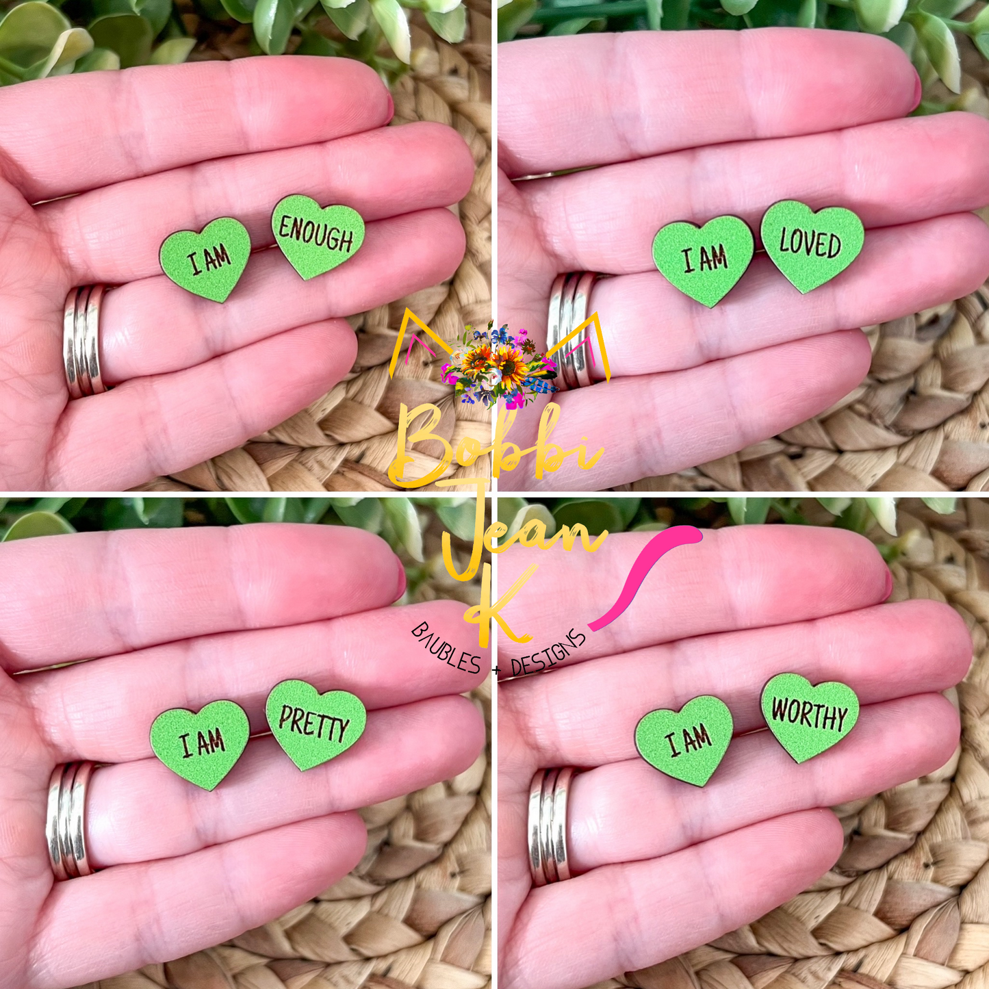 Green Wood Affirmation Heart Studs: 4 Pairs in One Set