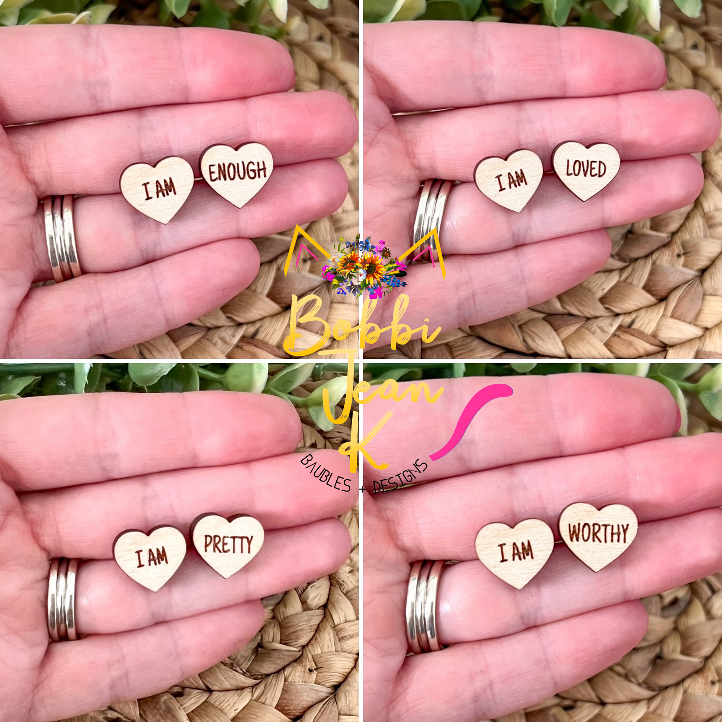 Natural Birch Wood Affirmation Heart Studs: 4 Pairs in One Set