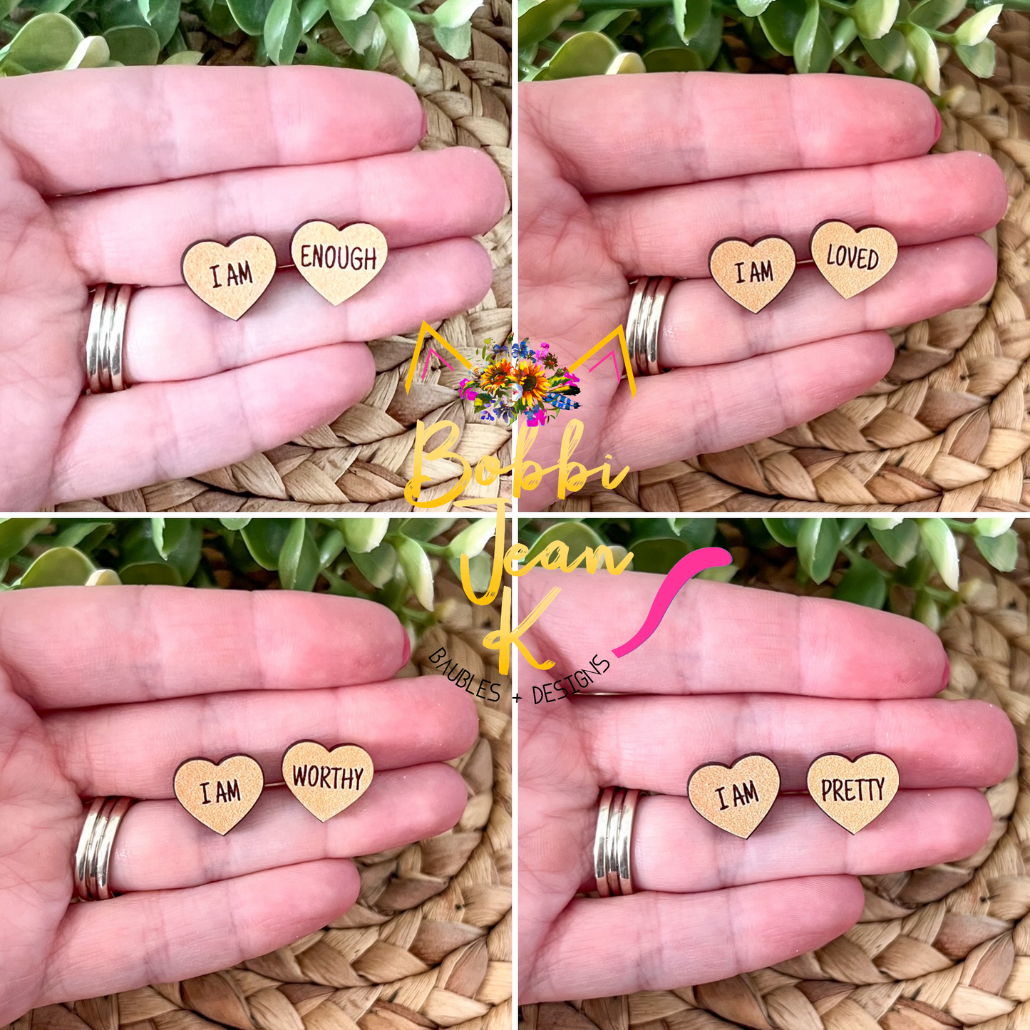 Peach Wood Affirmation Heart Studs: 4 Pairs in One Set