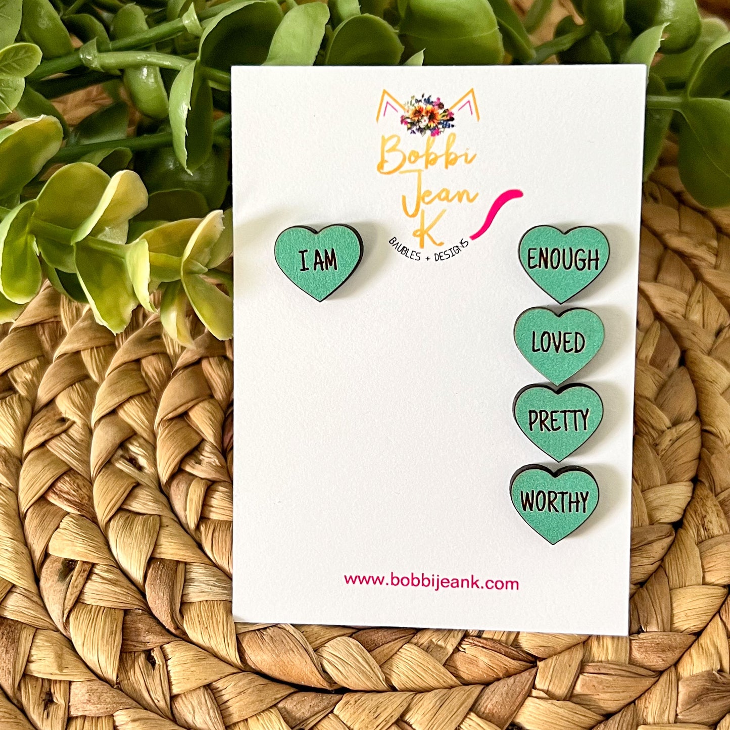 Sea Foam Wood Affirmation Heart Studs: 4 Pairs in One Set