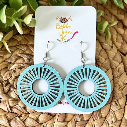 Baby Blue Wood Circle Cutout Earrings: Choose From 2 Sizes