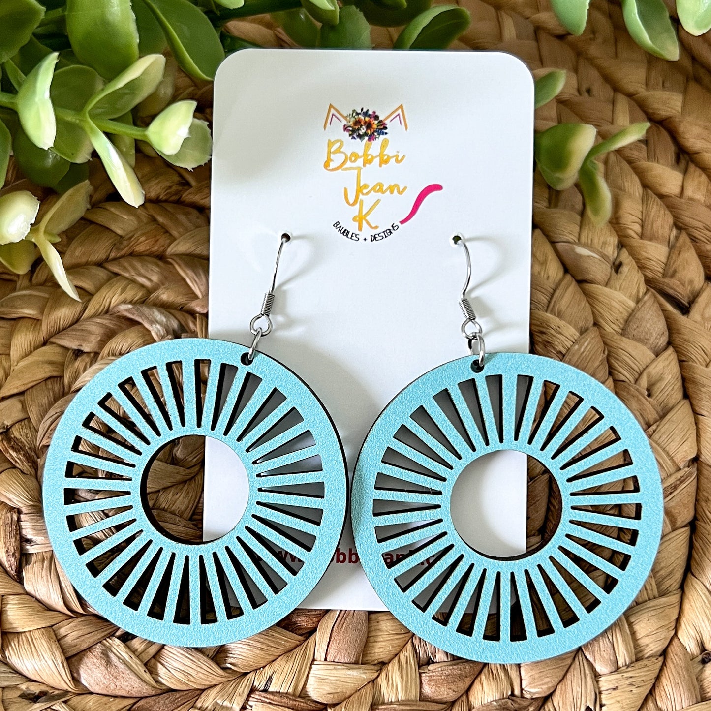 Baby Blue Wood Circle Cutout Earrings: Choose From 2 Sizes