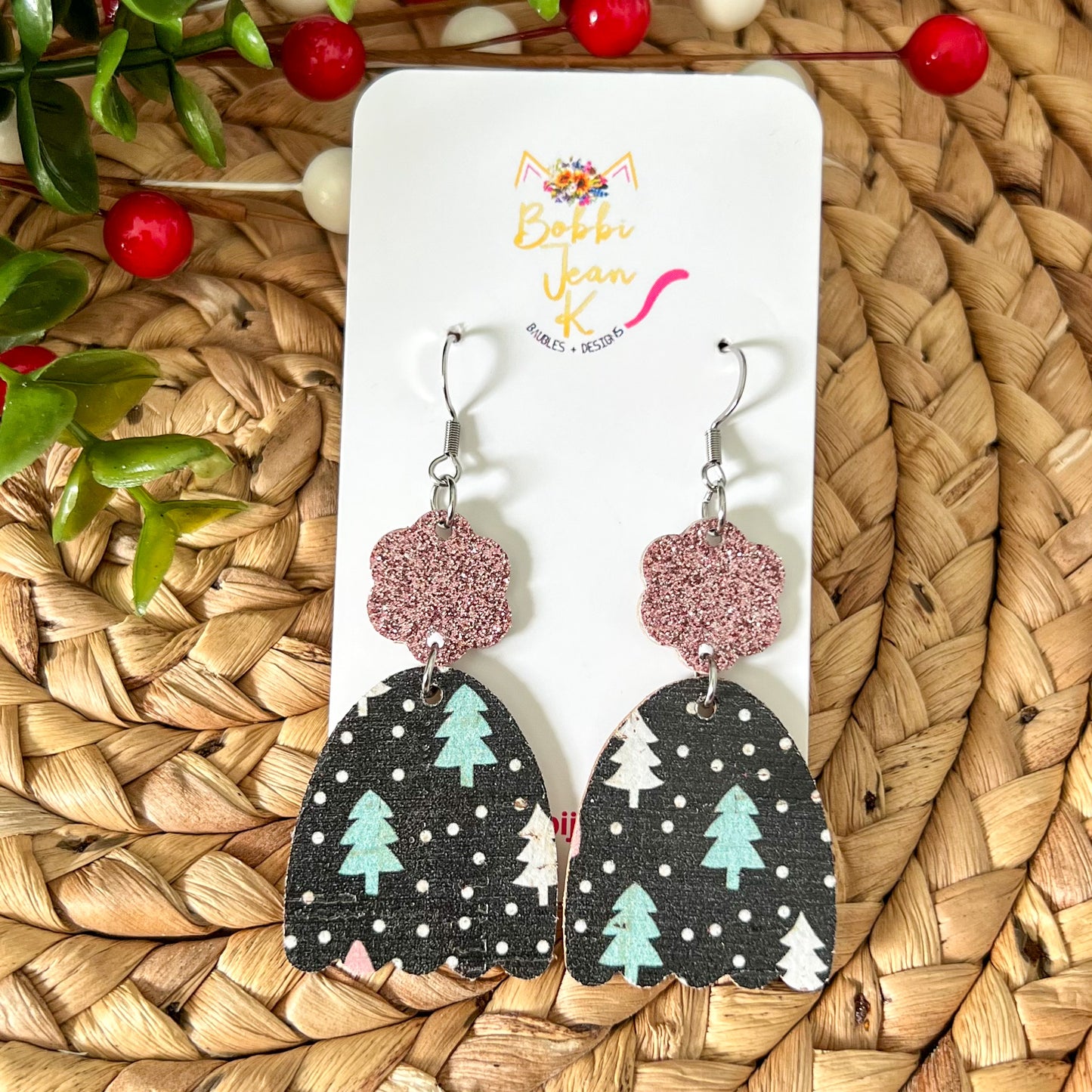 Colorful Trees Toboggan & Mitten Cork on Leather Earrings - LAST CHANCE