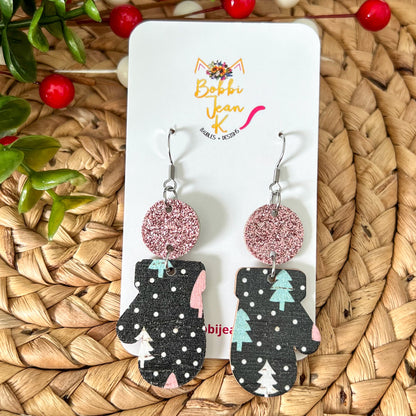 Colorful Trees Toboggan & Mitten Cork on Leather Earrings - ONLY 2 MITTENS LEFT