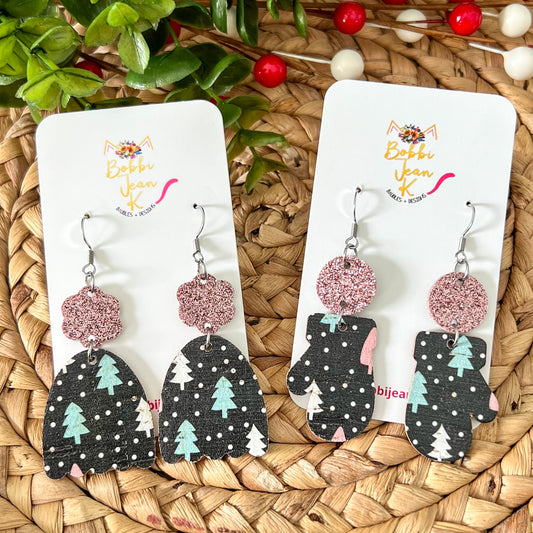 Colorful Trees Toboggan & Mitten Cork on Leather Earrings - LAST CHANCE