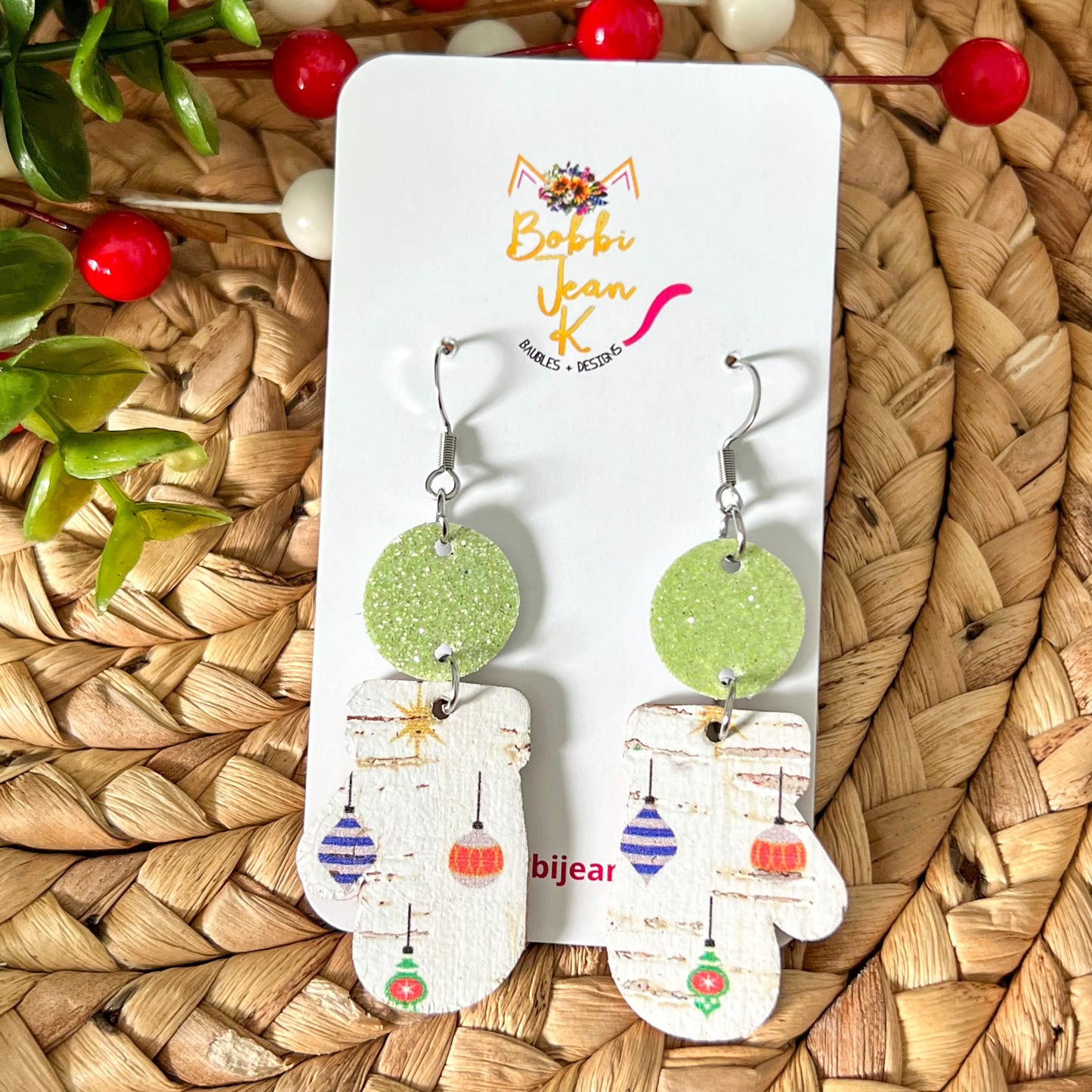 Holiday Ornaments Toboggan & Mitten Cork on Leather Earrings - LAST CHANCE