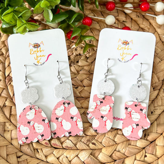 Whimsical Snowmen Toboggan & Mitten Cork on Leather Earrings - LAST CHANCE