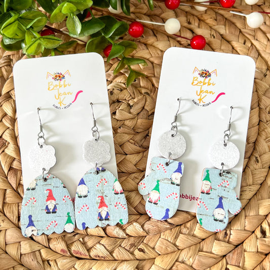 Holiday Gnomes Toboggan & Mitten Cork on Leather Earrings - LAST CHANCE