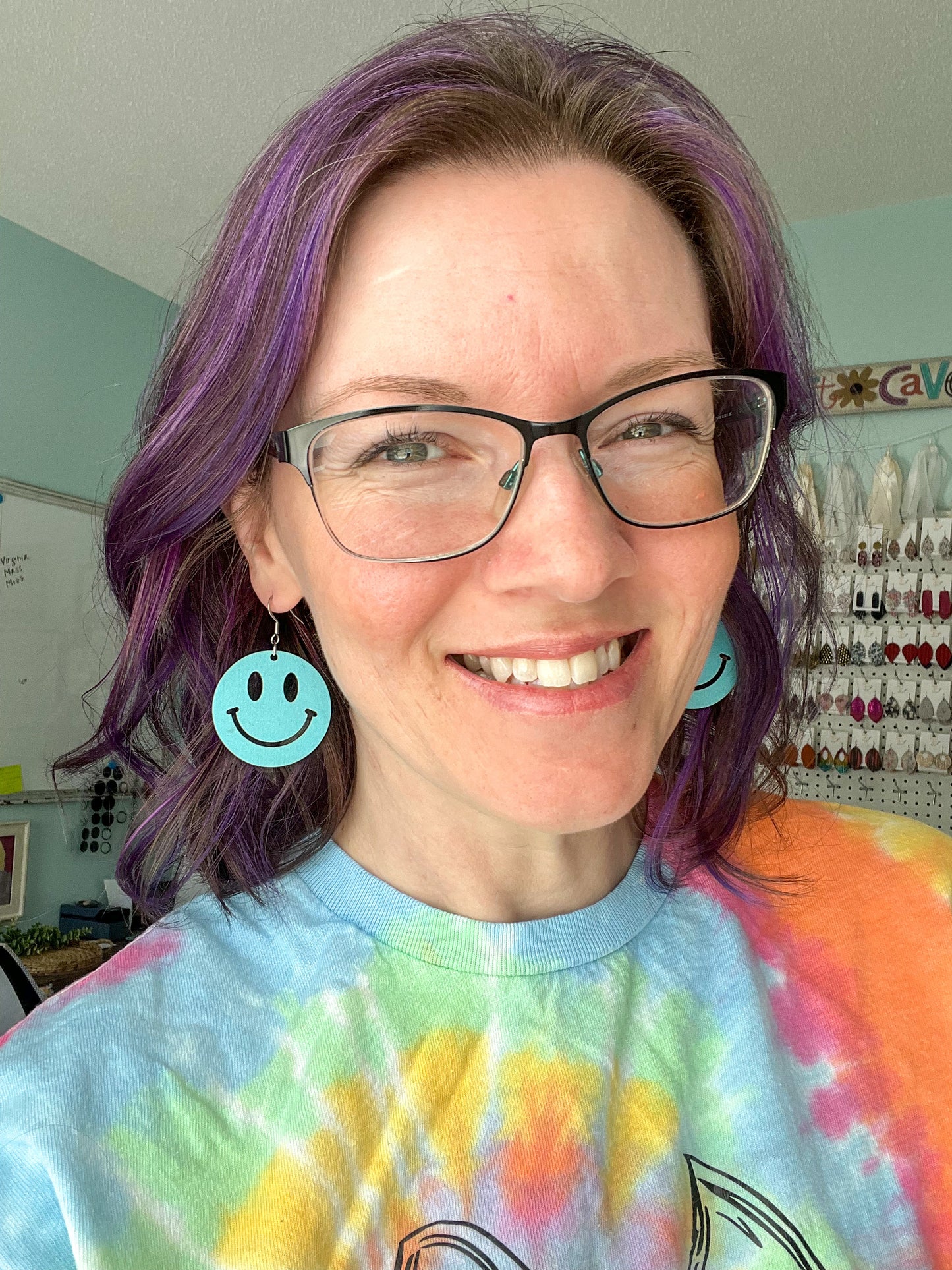 Bright Blue Smile Wood Earrings