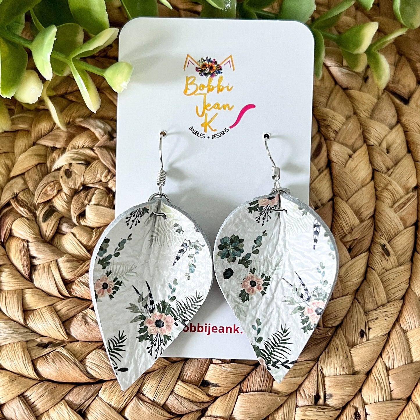 Neutral Floral Pinched Teardrop Leather Earrings: Choose From 2 Sizes
