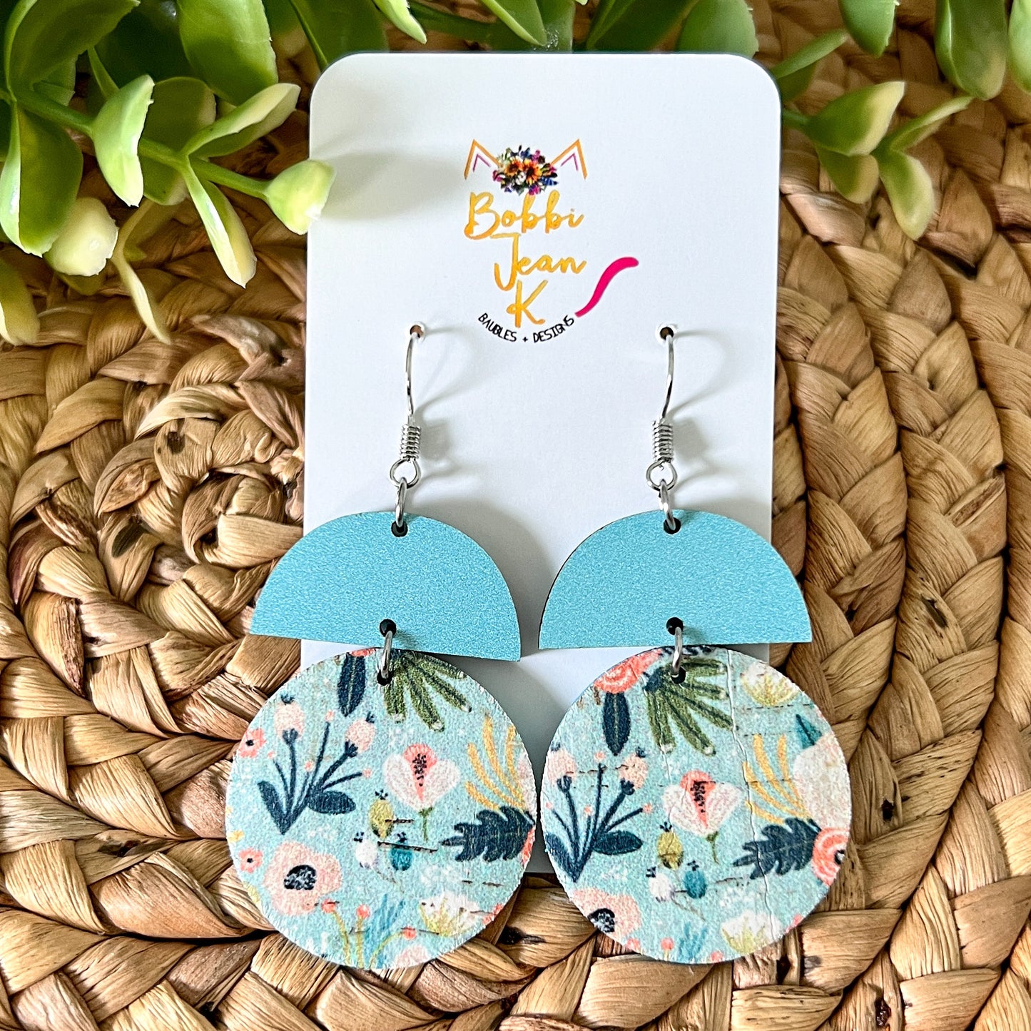 Tropical Floral Cork on Leather Circle Drop Earrings - LAST CHANCE